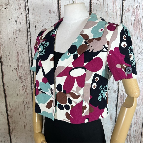 🎉HP🎉 NEW NWOT Hinge Floral Abstract Short Sleeve Cropped Blazer Jacket SMALL - Picture 7 of 16